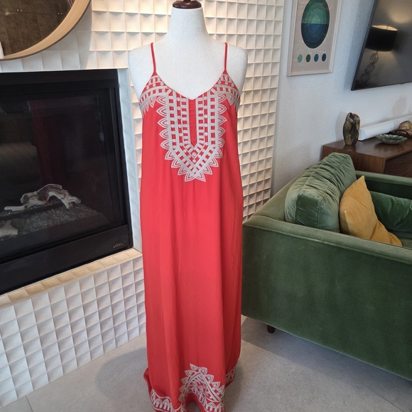 THML Boho Embroidered Vibrant Orange Red Maxi Dress, Spaghetti Straps - Large - Picture 2 of 9